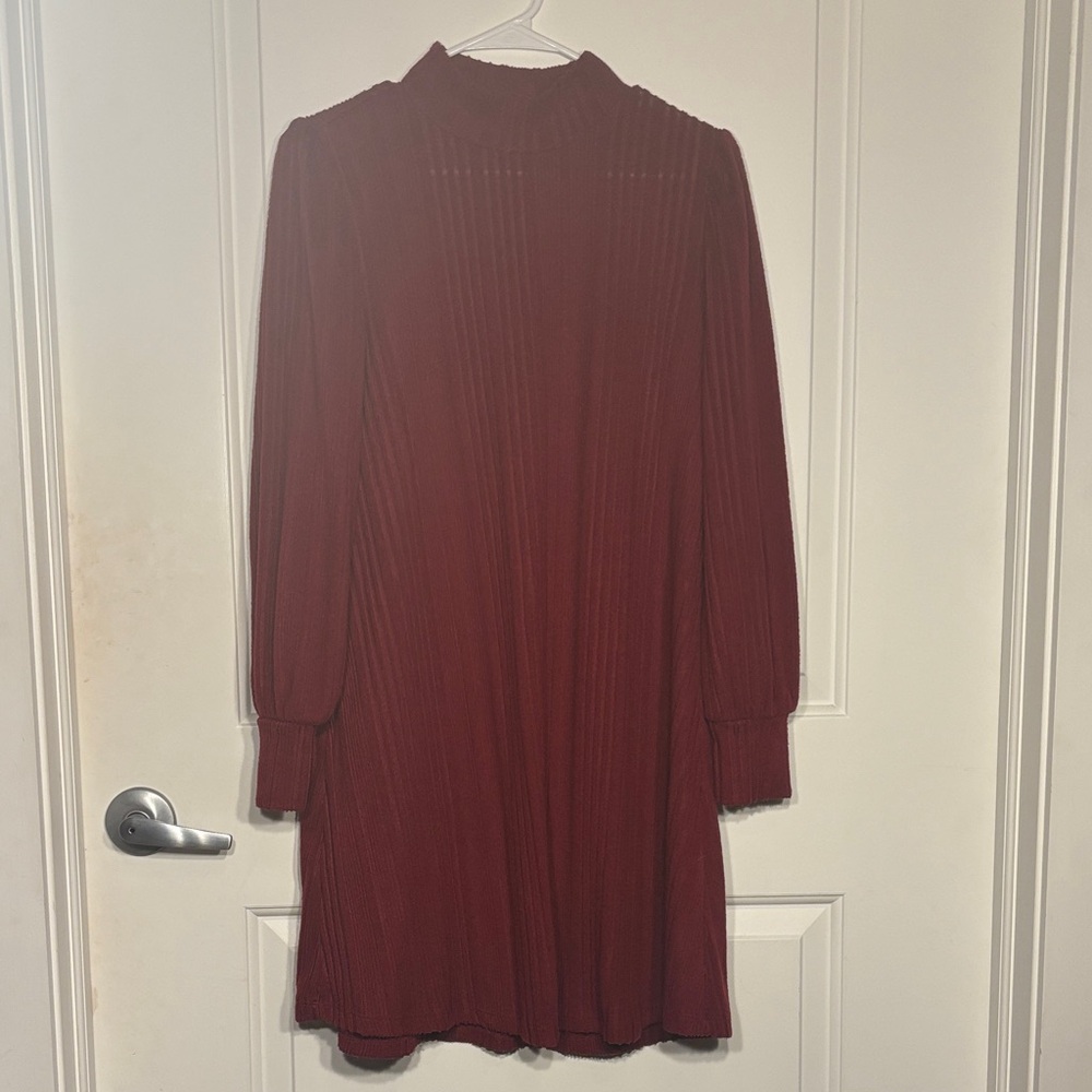 Maurices Long Sleeve Pleated Wine Dress
